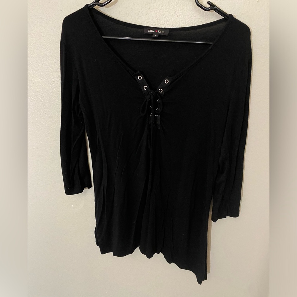 Ellie Kate Women’s 3/4 Sleeve Black Blouse With Gromet Lacing